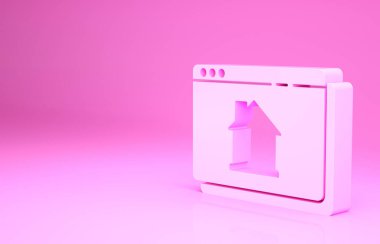 Pembe arka planda izole edilmiş tarayıcı simgesindeki Pink Online emlak evi. Ev kredisi konsepti, kira, satın alma, mülk alma. Minimalizm kavramı. 3d illüstrasyon 3B canlandırma