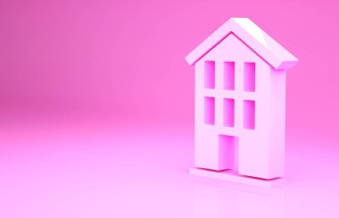Pembe Ev simgesi pembe arka planda izole edilmiş. Ev sembolü. Minimalizm kavramı. 3d illüstrasyon 3B canlandırma