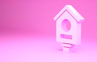 Pembe kuş evi simgesi pembe arka planda izole edilmiş. Yuva kutusu kuş evi, kuşlar için ev yapımı bina. Minimalizm kavramı. 3d illüstrasyon 3B canlandırma