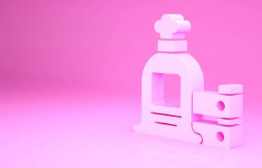 Pembe torba ve pembe arka planda izole edilmiş ahşap kutu simgesi. Minimalizm kavramı. 3d illüstrasyon 3B canlandırma