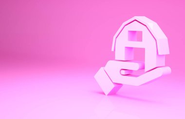 Pembe çiftlik evi, pembe arka planda izole edilmiş bir ikon. Minimalizm kavramı. 3d illüstrasyon 3B canlandırma
