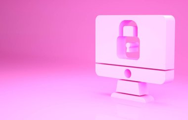 Bilgisayar ekranındaki Pembe Kilit simgesi pembe arkaplanda izole edildi. Güvenlik, güvenlik, koruma kavramı. Güvenli bir ağ. Minimalizm kavramı. 3d illüstrasyon 3B canlandırma