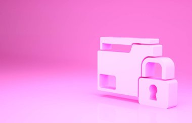 Pembe Dizin ve kilit simgesi pembe arkaplanda izole edildi. Kapalı dosya ve asma kilit. Güvenlik, güvenlik, koruma kavramı. Minimalizm kavramı. 3d illüstrasyon 3B canlandırma