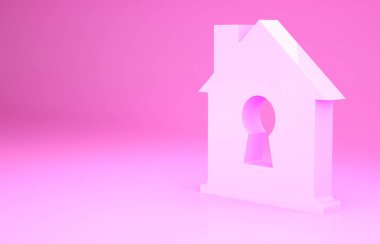 Pembe Ev, pembe arka planda izole edilmiş koruma ikonu altında. Ev ve kalkan. Koruma, güvenlik, güvenlik, koruma, savunma konsepti. Minimalizm kavramı. 3d illüstrasyon 3B canlandırma
