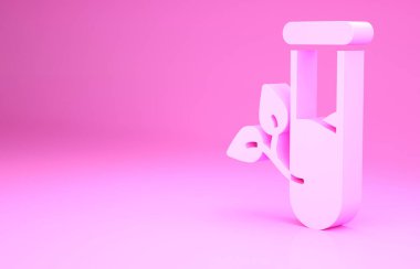 Pembe laboratuvar camı ve pembe arka planda izole edilmiş bir ikon. Yapraklı kimyasal test tüpü. Eko Laboratuvarı. Minimalizm kavramı. 3d illüstrasyon 3B canlandırma