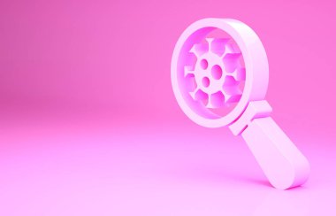 Büyüteç altındaki pembe virüs pembe arka planda izole edilmiş. Corona virüsü 2019-nCoV. Bakteriler, mikroplar, mantarlar. Minimalizm kavramı. 3d illüstrasyon 3B canlandırma