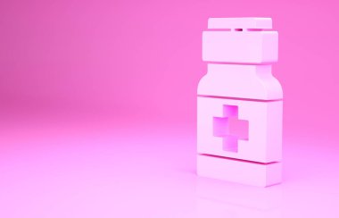 Pembe ilaç şişesi ve pembe arka planda izole edilmiş hap ikonu. İlaç paketi. Tablet, vitamin, antibiyotik, aspirin. Minimalizm kavramı. 3d illüstrasyon 3B canlandırma