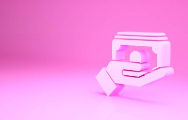 Pink Stacks kağıt para para el ikonu pembe arka planda izole. Sigorta konsepti. Para desteleri. Para birimi. Minimalizm kavramı. 3d illüstrasyon 3B canlandırma