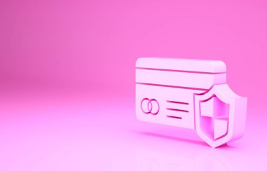 Pembe kredi kartı ve pembe arka planda izole edilmiş kalkan simgesi. Çevrimiçi ödeme. Nakit çekilmesi. Finansal operasyonlar. Alışveriş tabelası. Minimalizm kavramı. 3d illüstrasyon 3B canlandırma