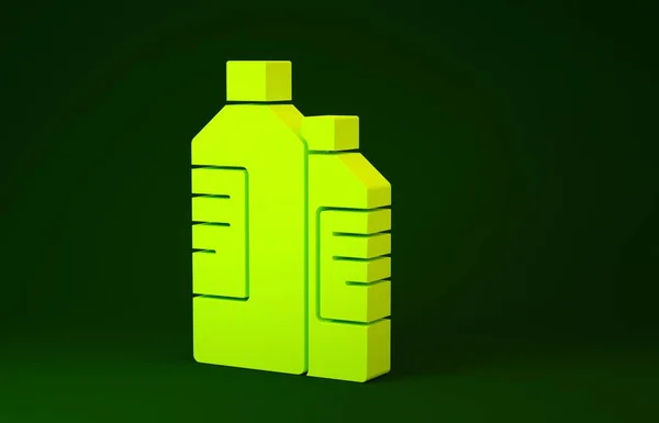 Жовті пластикові пляшки для прального порошку, відбілювач, рідина для посуду або інший значок засобу для чищення ізольовані на зеленому фоні. Концепція мінімалізму. 3D ілюстрація 3D рендеринга — стокове фото