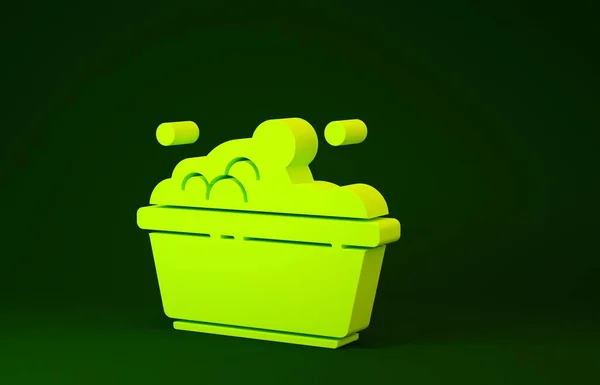 Gelbes Plastikbecken mit Seifenlauge-Symbol auf grünem Hintergrund. Schüssel mit Wasser vorhanden. Wäsche waschen, Ausrüstung reinigen. Minimalismus-Konzept. 3D Illustration 3D Renderer — Stockfoto