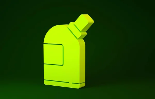 Žluté Plastové láhve na prací prostředek, bělidlo, mycí kapalina nebo jiná ikona čisticí prostředky izolované na zeleném pozadí. Minimalismus. 3D ilustrace 3D vykreslení — Stock fotografie