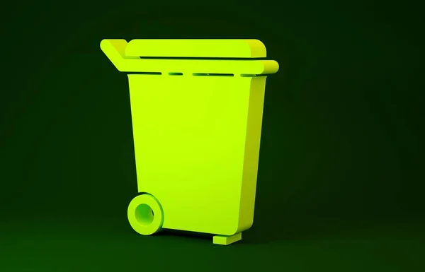 Жовтий смітник може піктограмуватися на зеленому тлі. Знак сміття. Піктограма кошика для переробки. Піктограма офісного сміття. Концепція мінімалізму. 3D ілюстрація 3D рендеринга — стокове фото