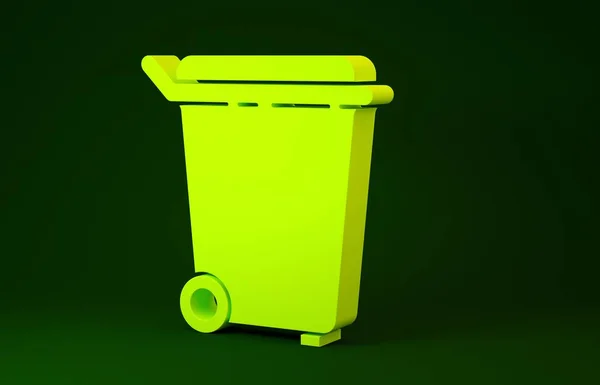 Gele prullenbak pictogram geïsoleerd op groene achtergrond. Vuilnisbak bord. Prullenbak pictogram. Prullenbak icoon. Minimalisme concept. 3d illustratie 3D renderen — Stockfoto