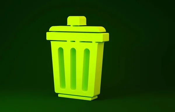 Ícone de lata de lixo amarelo isolado no fundo verde. Sinal de lixeira. Ícone da cesta de reciclagem. Ícone de lixo do escritório. Conceito de minimalismo. 3D ilustração 3D render — Fotografia de Stock