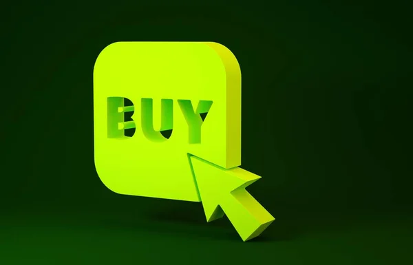 Ícone de botão de compra amarelo isolado no fundo verde. Conceito de minimalismo. 3D ilustração 3D render — Fotografia de Stock