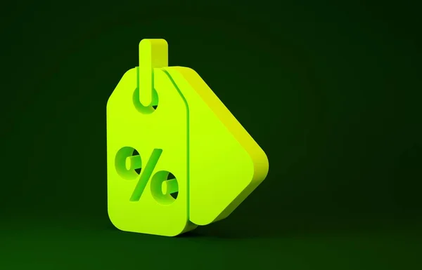 Icono de etiqueta de porcentaje de descuento amarillo aislado sobre fondo verde. Señal de etiqueta de compra. Señal de oferta especial. Cupones de descuento símbolo. Concepto minimalista. 3D ilustración 3D render — Foto de Stock