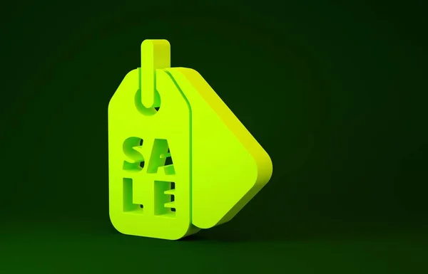 Yellow Price tag com uma inscrição Ícone de venda isolado no fundo verde. Distintivo por preço. Desconto de marca promocional. Conceito de minimalismo. 3D ilustração 3D render — Fotografia de Stock