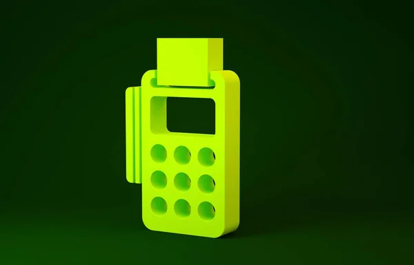 Terminal de punto de venta amarillo con tarjeta de crédito insertada e icono de receptor impreso aislado sobre fondo verde. Concepto de pago NFC. Concepto minimalista. 3D ilustración 3D render — Foto de Stock