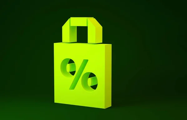 Sac Shoping jaune avec une inscription pour cent icône de réduction isolé sur fond vert. Signe de sac à main. Concept de minimalisme. Illustration 3D rendu 3D — Photo