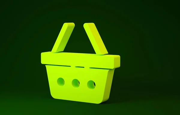 Amarillo Cesta de la compra icono aislado sobre fondo verde. Concepto de compra en línea. Señal de entrega. Símbolo del carrito. Concepto minimalista. 3D ilustración 3D render — Foto de Stock