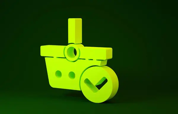 Geel Winkelwagen met vinkje pictogram geïsoleerd op groene achtergrond. Supermarkt mand met goedgekeurde, bevestigen, aanvinken, voltooid. Minimalisme concept. 3d illustratie 3D renderen — Stockfoto