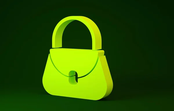 Ícone de bolsa amarela isolado no fundo verde. Sinal de mala feminina. Glamour símbolo de bagagem casual. Conceito de minimalismo. 3D ilustração 3D render — Fotografia de Stock