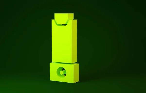 Ícone Inalador amarelo isolado no fundo verde. Respiração para alívio da tosse, inalação, paciente alérgico. Conceito de minimalismo. 3D ilustração 3D render — Fotografia de Stock