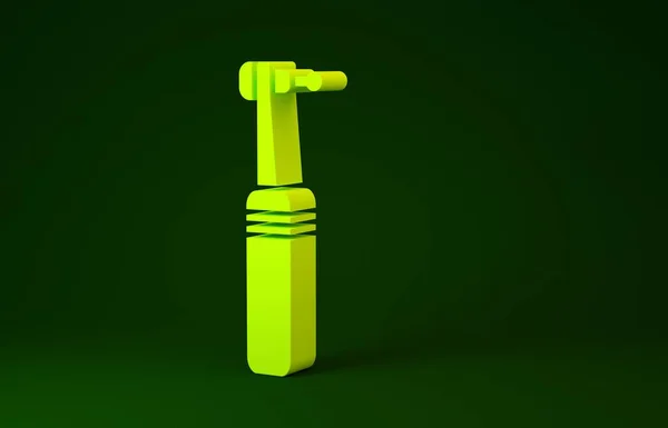 Icono de taladro de dientes amarillos aislado sobre fondo verde. Pieza de mano dental para herramientas de perforación y rectificado. Instrumento médico. Concepto minimalista. 3D ilustración 3D render —  Fotos de Stock