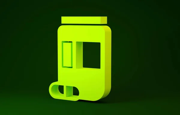 Sárga gyógyszer palack és tabletták ikon elszigetelt zöld alapon. Üvegpirula jel. Gyógyszerészeti tervezés. Minimalizmus koncepció. 3d illusztráció 3D render — Stock Fotó