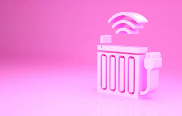 ピンクの背景に隔離されたスマート暖房ラジエータシステムのアイコン。ワイヤレス接続で物事の概念のインターネット。最小限の概念。3Dイラスト3Dレンダリング — ストック写真