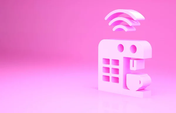Ícone do sistema de máquina de café inteligente rosa isolado no fundo rosa. Internet das coisas conceito com conexão sem fio. Conceito de minimalismo. 3D ilustração 3D render — Fotografia de Stock