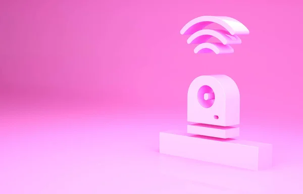 Icône de caméra de sécurité intelligente rose isolée sur fond rose. Concept d'Internet des objets avec connexion sans fil. Concept de minimalisme. Illustration 3D rendu 3D — Photo