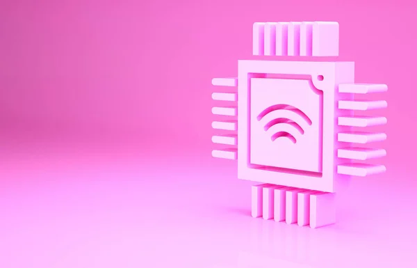 Processeur d'ordinateur rose avec icône de processeur de microcircuits isolé sur fond rose. Chip ou cpu avec circuit imprimé. Micro processeur. Concept de minimalisme. Illustration 3D rendu 3D — Photo