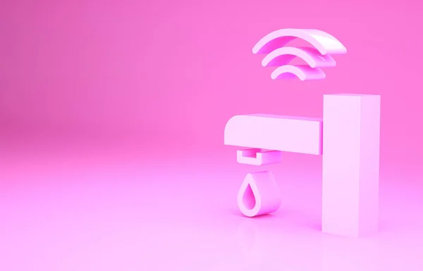 Icono del sistema de grifo Pink Smart aislado sobre fondo rosa. Concepto de Internet de las cosas con conexión inalámbrica. Concepto minimalista. 3D ilustración 3D render — Foto de Stock