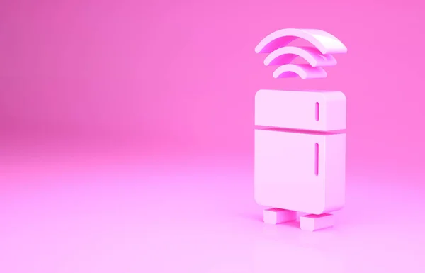 Icono de refrigerador Pink Smart aislado sobre fondo rosa. Refrigerador congelador refrigerador. Concepto de Internet de las cosas con conexión inalámbrica. Concepto minimalista. 3D ilustración 3D render —  Fotos de Stock