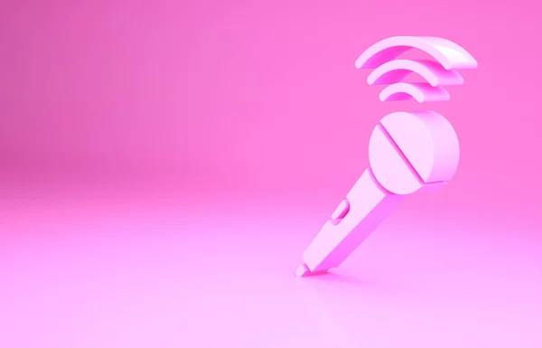 ピンクの背景に隔離されたワイヤレスマイクアイコン。無線マイクで。スピーカーサイン。最小限の概念。3Dイラスト3Dレンダリング — ストック写真