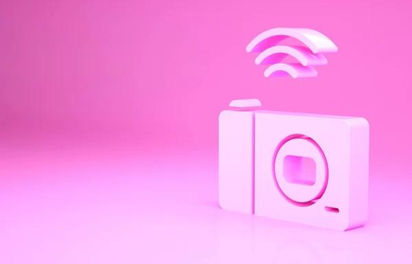 Icono del sistema de cámara fotográfica Pink Smart aislado sobre fondo rosa. Concepto de Internet de las cosas con conexión inalámbrica. Concepto minimalista. 3D ilustración 3D render — Foto de Stock