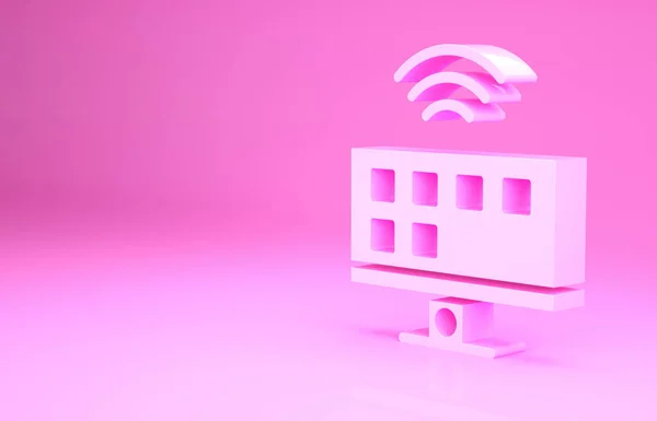 Ikona Růžový Smart TV systém izolované na růžovém pozadí. Televizní značka. Internet věcí koncept s bezdrátovým připojením. Minimalismus. 3D ilustrace 3D vykreslení — Stock fotografie