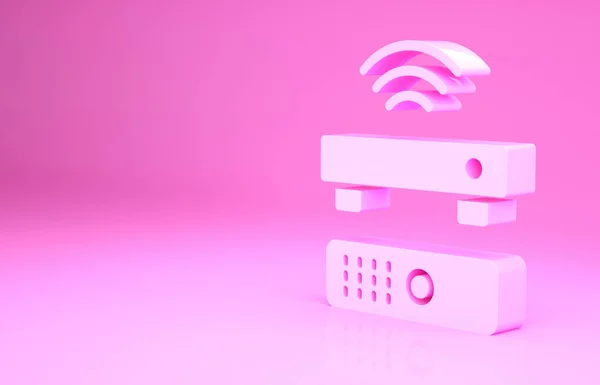 Receptor e leitor de caixa de TV e multimídia sem fio rosa com ícone de controle remoto isolado em fundo rosa. Conceito de minimalismo. 3D ilustração 3D render — Fotografia de Stock