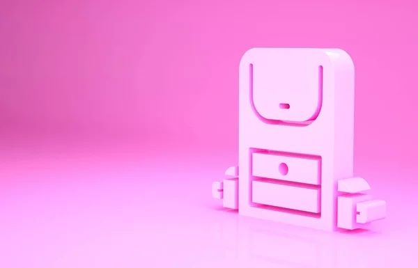 Pinkfarbenes Wanderrucksack-Symbol auf rosa Hintergrund. Camping- und Bergwanderrucksack. Minimalismus-Konzept. 3D Illustration 3D Renderer — Stockfoto