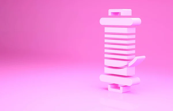 Carretel de giro rosa para ícone de pesca isolado no fundo rosa. Bobina de pesca. Equipamento de pesca. Conceito de minimalismo. 3D ilustração 3D render — Fotografia de Stock