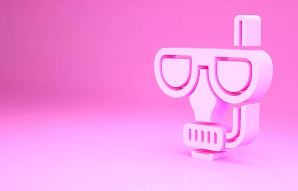 Růžová potápěčská maska a šnorchl ikona izolované na růžovém pozadí. Extrémní sport. Potápěčské vybavení. Minimalismus. 3D ilustrace 3D vykreslení — Stock fotografie