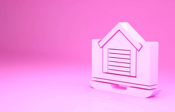 Ροζ Online σπίτι ακινήτων σε laptop εικονίδιο απομονώνονται σε ροζ φόντο. Αρχική ιδέα δανείου, ενοικίαση, αγορά, αγορά ακινήτου. Μινιμαλιστική έννοια. 3d απεικόνιση 3D καθιστούν — Φωτογραφία Αρχείου