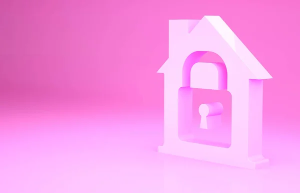Розовый дом под защитой значок изолирован на розовом фоне. Дом и замок. Защита, безопасность, безопасность, защита, концепция обороны. Концепция минимализма. 3D-рендеринг — стоковое фото