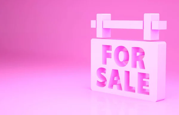 Růžová Závěsná cedule s textem Na prodej ikona izolované na růžovém pozadí. Nástěnka s textem Na prodej. Minimalismus. 3D ilustrace 3D vykreslení — Stock fotografie
