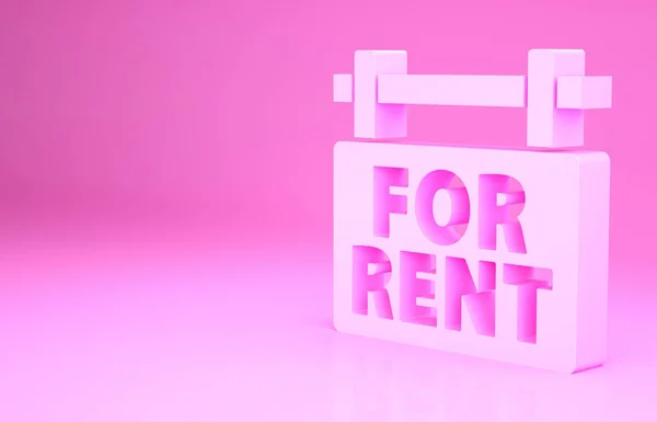 Rózsaszín akasztás jel szöveges For Rent ikon elszigetelt rózsaszín háttér. Hirdetőtábla szöveggel Kiadó. Minimalizmus koncepció. 3d illusztráció 3D render — Stock Fotó