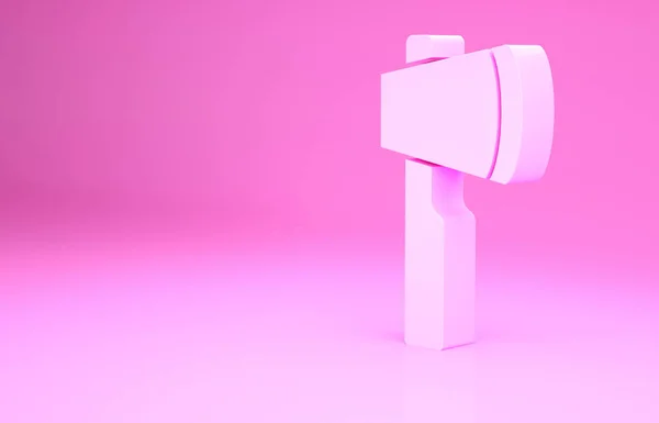 Ícone de machado de madeira rosa isolado no fundo rosa. Machado de lenhador. Conceito de minimalismo. 3D ilustração 3D render — Fotografia de Stock