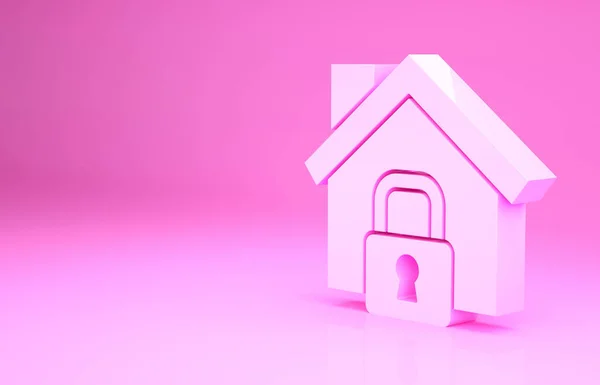 Casa Rosa bajo icono de protección aislado sobre fondo rosa. Hogar y cerradura. Protección, seguridad, protección, concepto de defensa. Concepto minimalista. 3D ilustración 3D render — Foto de Stock