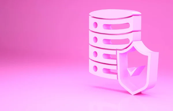 ピンクの背景にシールドアイコンが隔離されたピンクのサーバー。攻撃から守る。ネットワークファイアウォール、ルーター、スイッチ、データ。最小限の概念。3Dイラスト3Dレンダリング — ストック写真